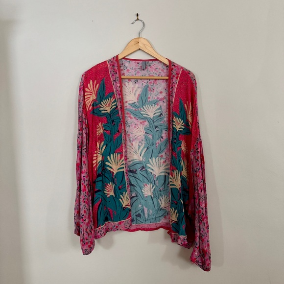 Anthro Blank Teal Pink Floral Boho Long Kimono Sleeve Tunic Duster - Picture 6 of 10